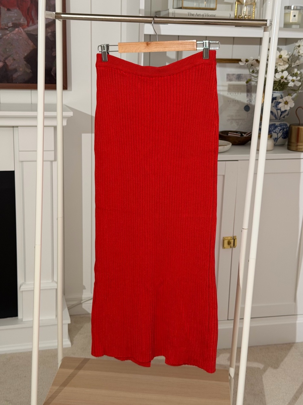 H&M Red Ribbed Knit Maxi Pencil Skirt